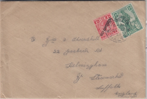 Malta - 1/1 P. Melita +1 P. Georg V. Brief n. ENGLAND Valletta 1923