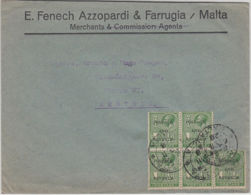 Malta - 5x1/2 P "Postage&Revenue" Firmenbrief n. ÖSTERREICH Valletta - Wien 1928