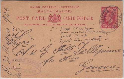 Malta - 1 P. Eduard VII. Ganzsache n. ITALIEN Valletta - Genua 1906
