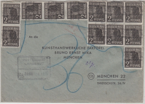 Bizone - 12x2 Pfg. Arbeiter/Band Banhpost Rottenburg Landshut Brief 1.7.48