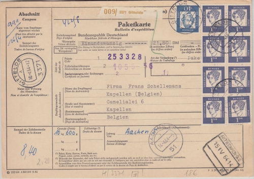 BRD - 8x1 M.+40 Pfg. Bed. Deutsche Paketkarte n. BELGIEN Gittelde Kapellen 1964