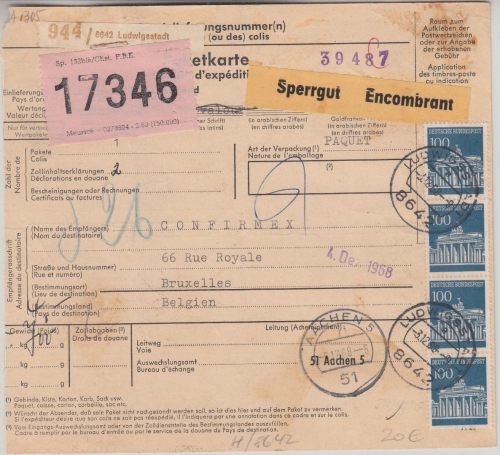 BRD - 4x100 Pfg. Brandenburger Tor Paketkarte/Sperrgut n. BELGIEN Ludwigstadt
