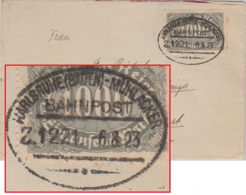 DR-Infla - Bahnpost Karlsruhe Mühlacker Z.1221 Brief Durlach - Stuttgart 6.8.23