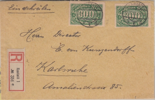 DR-Infla - 2x300 M. Queroval Einschreibebrief Rastatt - Karlsruhe 12.7.23