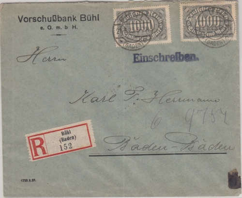 DR-Infla - 2x1.000 M. Queroval Einschreibebrief Bühl - Baden-Baden 21.8.23