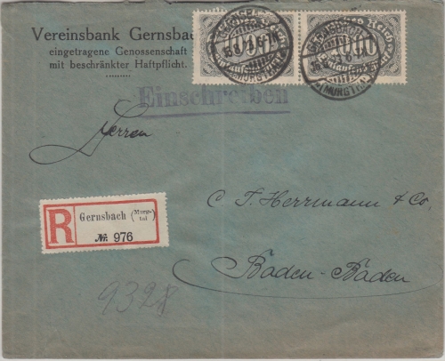 DR-Infla - 2x1.000 M. Queroval Einschreibebrief Gernsbach - Baden-Baden 18.8.23
