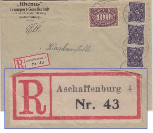DR-Infla - Aschaffenburg 4 Einschreibebrief n. Büdingen 14.4.23