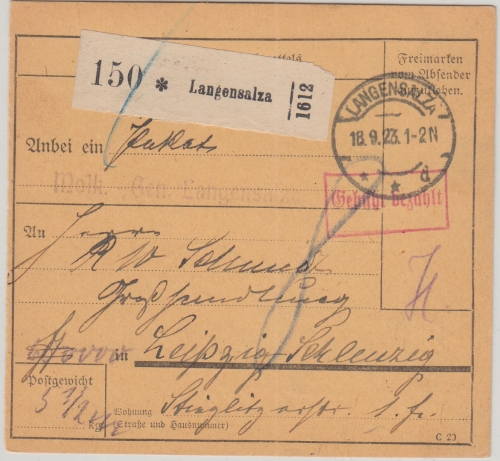 DR-Infla - Langensalza 18.9.23 Ra1 Gebühr bezahlt Paketkarte n. Leipzig