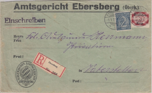 DR-Infla - Ebersberg 9.9.22 Einschreiben Dienstbrief n. Vaterstetten