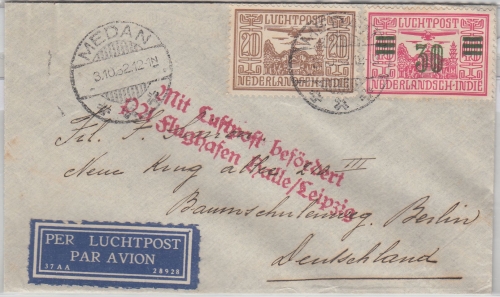 Niederl. Indien - 30/40 C. Flugpostmarke/Überdruck u.a. Luftpostbrief Medan 1932