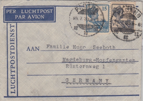 Niederl. Indien - 15+30 C. Wilhelmine Luftpostbrief Padang - Magdeburg 1935