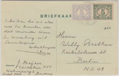 Niederl. Indien - 5+5 C. Ziffer wertstufengl. Mischfrankatur Karte Bandoeng 1929