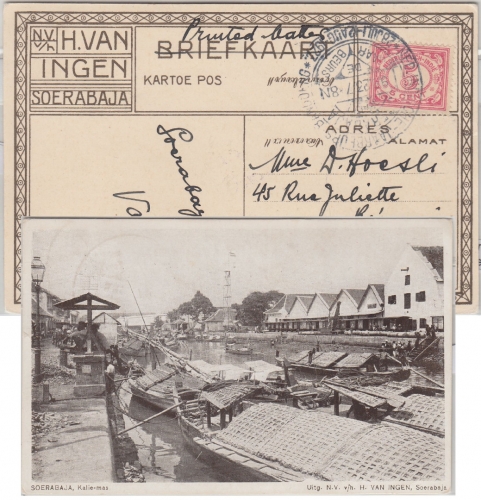 Niederl. Indien - 5 C. Ziffer Ansichtskarte Werbestempel Soerabaja - Lyon 1923