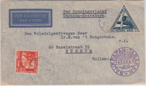 Niederl. Indien - Erstflug Tarakan Soerabaja Luftpostbrief n. Bussum 1937
