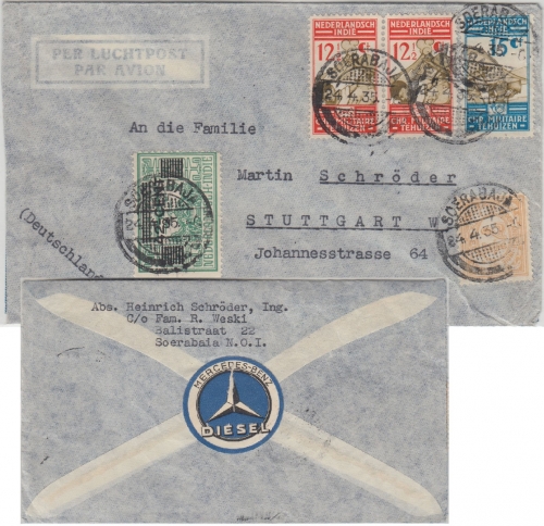 Niederl. Indien - 15 C. Wohlfahrt u.a. Luftpostbrief Soerabaja - Stuttgart 1935