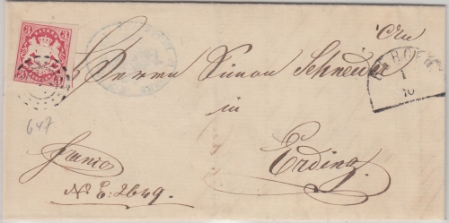 Bayern - oMR 647 HKS Bergen 1/10 3 Kr. Wappen/geschn. Brief n. Erding 1868
