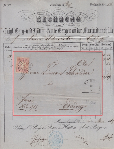 Bayern - oMR 647 HKS Bergen 12/5 3 Kr. Wappen/geschn. Brief n. Erding 1867