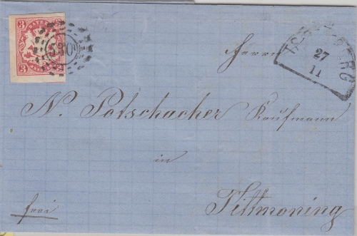 Bayern - oMR 530 HKS Trostberg 27/11 3 Kr Wappen/geschn. Brief n Tittmoning 1867