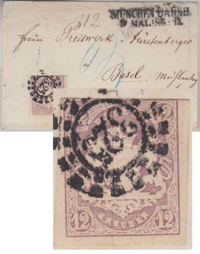 Bayern - 12 Kr Wappen/geschn. Brief i.d. SCHWEIZ oMR 325 L2 München Bahnh. 1868