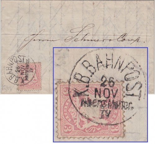 Bayern - 3 Kr. Wappen/gez. Brief K1 K.B.Bahnpost Nürnberg München IV 1874