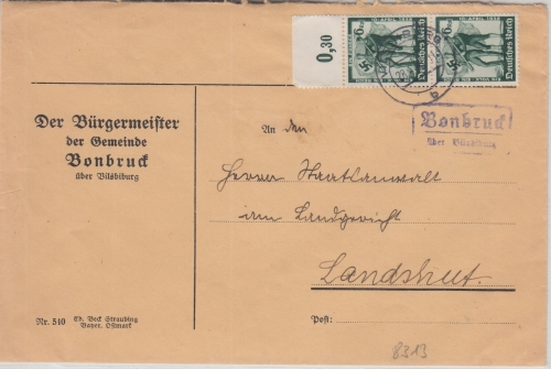 DR - Bonbruck ü. Vilsbiburg Landpost-Ra2 AK Brief n. Landshut 1938
