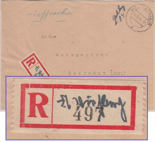 All.Bes. - Niederviehbach 14.5.46 Gebühr bezahlt Einschreibebrief n. Landshut