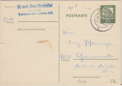 BRD - Velden 28.2.63 apt. Tagesstempel 10 Pfg. Ganzsache n. Grünwald