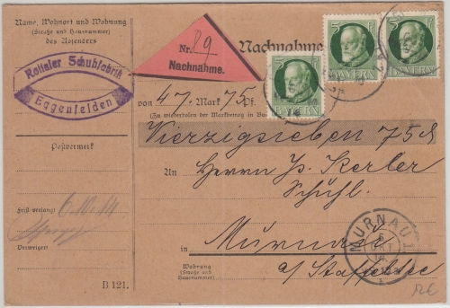 Bayern - 3x5 Pfg. Ludwig Nachnahmekarte Eggenfelden - Murnau 1914