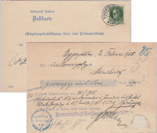 Bayern - 5 Pfg. Ludwig Empf.bestätigung f. Postanweiung Eggenfelden 1915