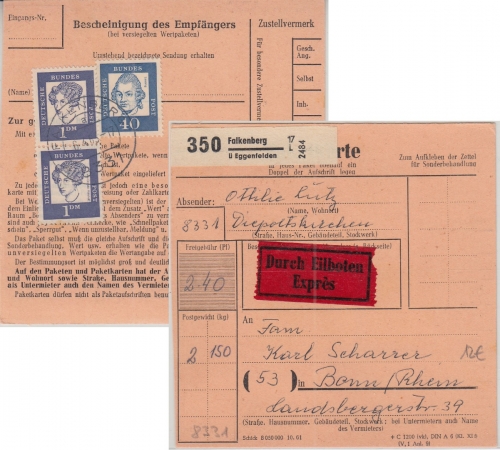 BRD - Falkenberg ü. Eggenfelden Eilboten-Paketkarte n. Bonn 1963