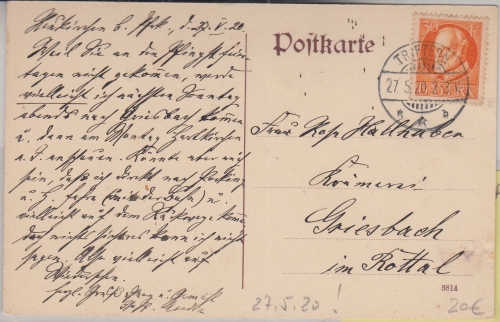 Bayern - 30 Pfg. Ludwig Fernkarte Triftern - Griesbach 27.5.20 - Übergangszeit !