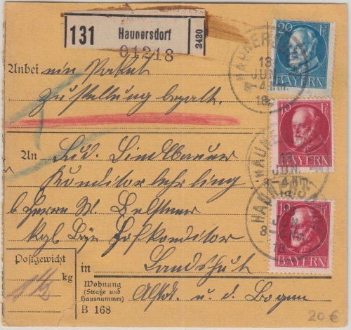 Bayern - 2x10+20 Pfg. Ludwig Paketkarte Haunersdorf - Landshut 1918