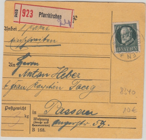 Bayern - 60 Pfg. Ludwig Einschreibe-Paketkarte Pfarrkirchen - Passau 1919