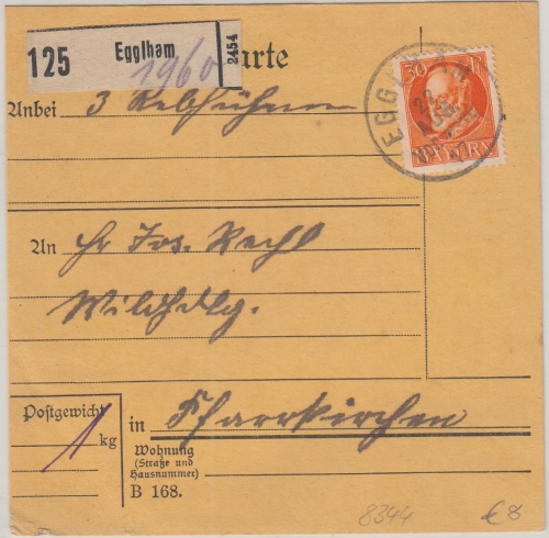 Bayern - 30 Pfg. Ludwig Paketkarte (3 Rebhühner !) Egglham - Pfarrkirchen 1917