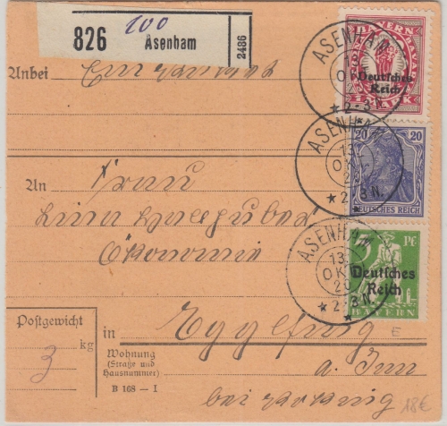 DR-Infla - Asenham 1920 Paketkarte n. Egglfing