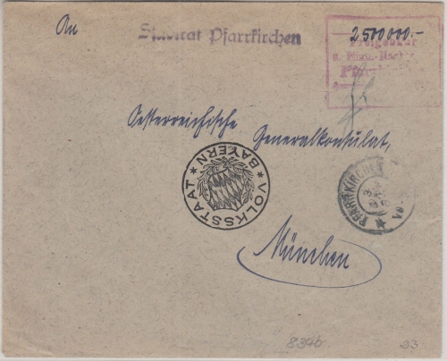 DR-Infla - Pfarrkirchen 3. OKT 23 Einnahme-Nachweis Ra5 Brief n. München