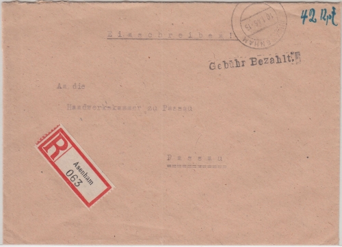 All.Bes. - (13b) Asenham 10.1.46 SKS-L1 Gebühr bezahlt Einschreibebrief n Passau