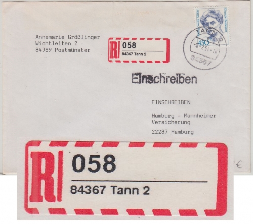 BRD - 84367 Tann 2 Selbstklebe-R-Zettel Einschreibebrief n. Hamburg 1994