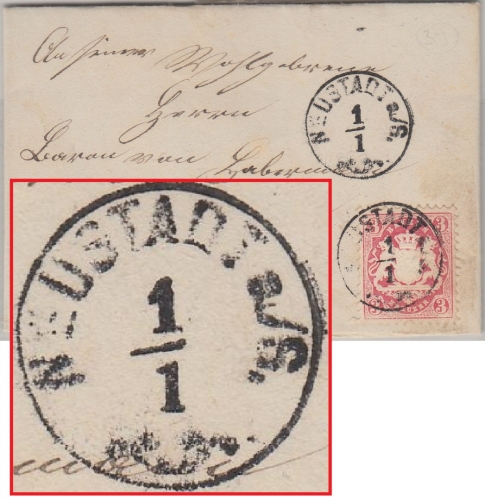 Bayern - Neustadt a/S 1/1 (1871) 3 Kr. Wappen "Neujahrsbrief" v. Eichenhausen