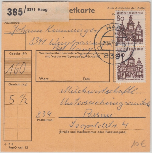 BRD - 2x80 Pfg. kl. Bauwerke Paketkarte Haag - Passau 1968