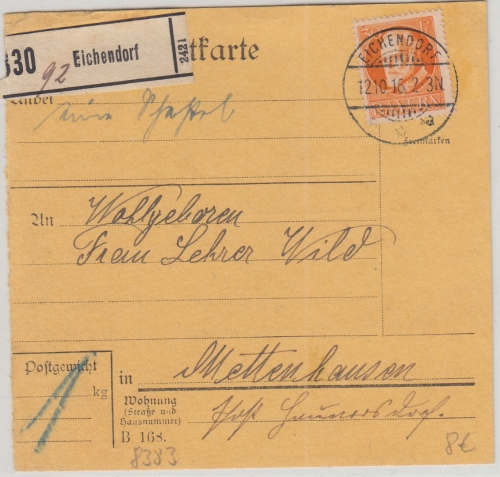 Bayern - 30 Pfg. Ludwig Paketkarte Eichendorf - Mettenhausen 1916
