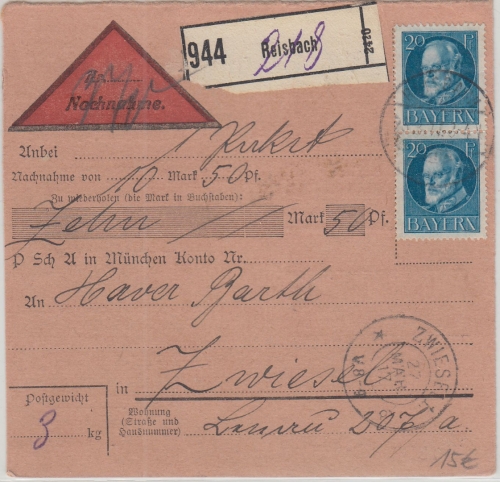 Bayern - 2x20 Pfg. Ludwig Nachnahme-Paketkarte Reisbach - Zwiesel 1917