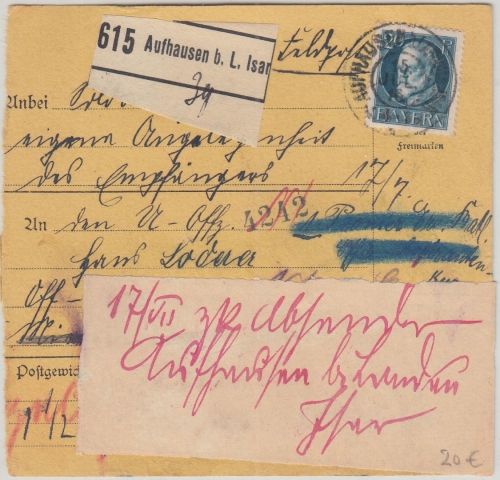Bayern - 20 Pfg. Ludwig Soldaten-Paketkarte/Sondertarif Aufhausen b. Landau 1916