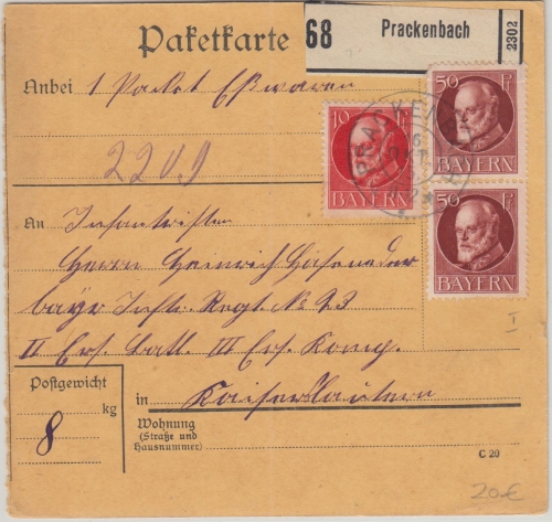 Bayern - 2x50+10 Pfg. Ludwig Paketkarte Prackenbach - Kaiserslautern 1915