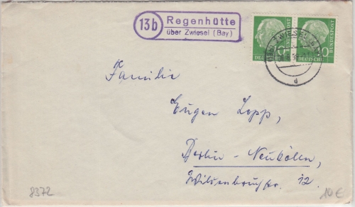 BRD - (13b) Regenhütte ü. Zwiesel Landpost-Ra2 Brief n. Berlin 1958