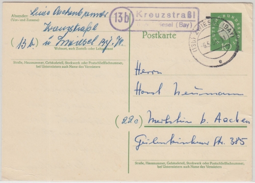 BRD - (13b) Kreuzstraßl ü. Zwiesel Landpost-Ra2 Ganzsache n. Merkstein 1961