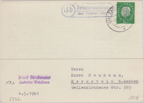 BRD - (13b) Zwieslerwaldhaus ü. Zwiesel Landpost-Ra2 Karte n. Merkstein 1961
