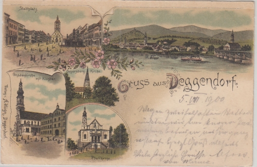 Bayern - Deggendorf Kirchen, Stadtplatz etc. Mehrbild-Farblitho gelaufen 1900