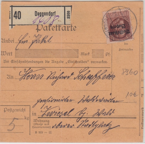 Bayern - 75 Pfg. Ludwig/Volksstaat Paketkarte Deggendorf - Zwiesel 1919