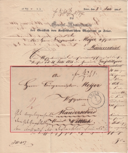 Preussen - Trier 3/7 K2 Portobrief n. Manderscheid Kr. Wittlich 1841 - Inhalt !
